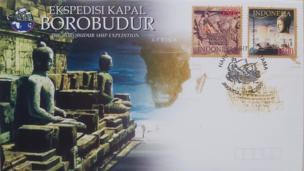 Sampul Hari Pertama (First Day Cover) seri prangko istimewa "Ekspedisi Kapal Borobudur" (2005) terbitan Indonesia. (Foto: koleksi Isman Budiman)