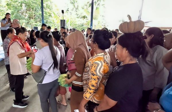 Mengikuti irama musik khas Karo menunggu giliran memberikan hasil kebunnya kepada Sofyan Tan