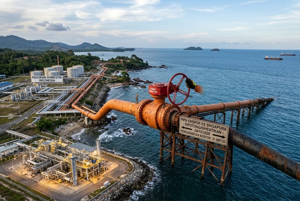 ​Ilustrasi "Infrastruktur jaringan pipa gas bumi lepas pantai yang menyalurkan energi untuk pasar domestik dan ekspor."