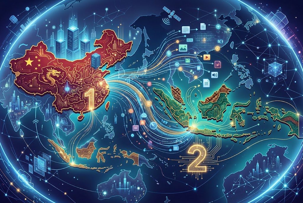 Ilustrasi "Visualisasi posisi Indonesia di peringkat ke-2 dunia dalam penggunaan AI multimodal, tepat di bawah Tiongkok."