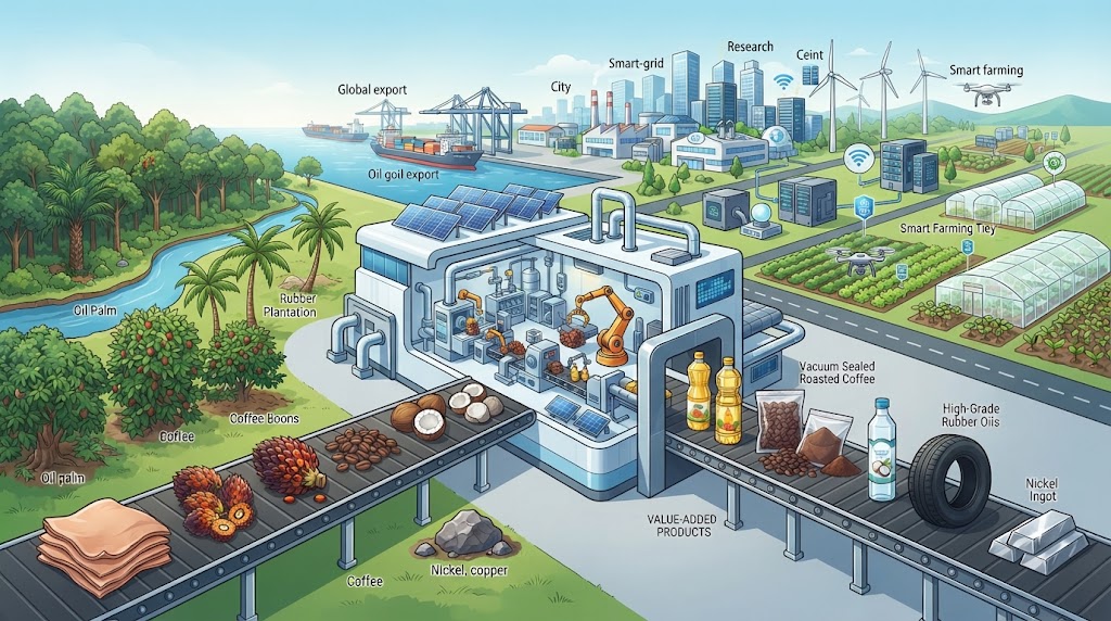 Ilustrasi alur industri hilirisasi, dari ekstraksi komoditas sumber daya alam (kiri) menuju pengolahan bernilai tambah tinggi dengan teknologi (tengah dan kanan).