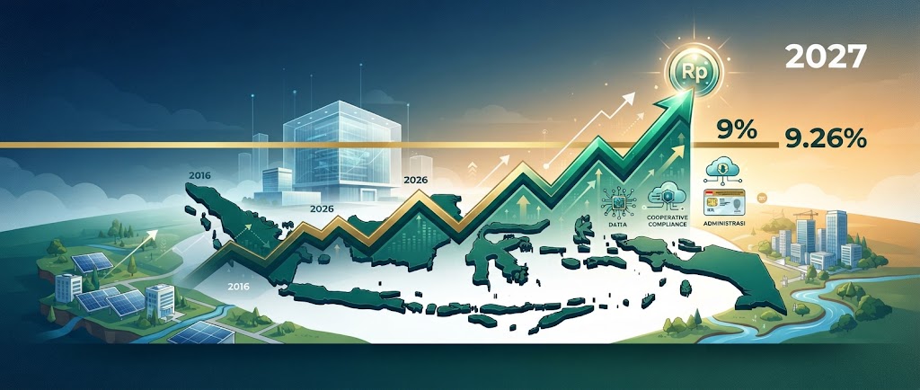 Ilustrasi grafik kenaikan target rasio pajak menuju 9,26% pada tahun 2027 yang didorong oleh transformasi digital dan administrasi perpajakan.