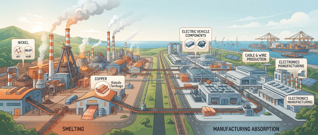 Ilustrasi hilirisasi industri nikel dan tembaga di Indonesia, dari fasilitas peleburan menuju penyerapan manufaktur domestik.