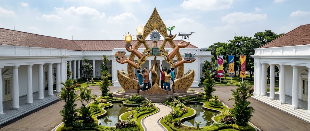 Ilustrasi suasana halaman Istana dengan instalasi seni modern yang melambangkan inovasi, kreativitas, dan persatuan pemuda Indonesia.