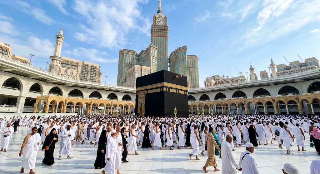 Ilustrasi Suasana di Masjidil Haram dengan Ka'bah dan Makkah Royal Clock Tower sebagai latar belakang.