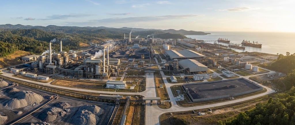 Ilustrasi Pemandangan udara kompleks smelter nikel besar dan pelabuhan di lokasi pesisir dengan hutan di sekitarnya.