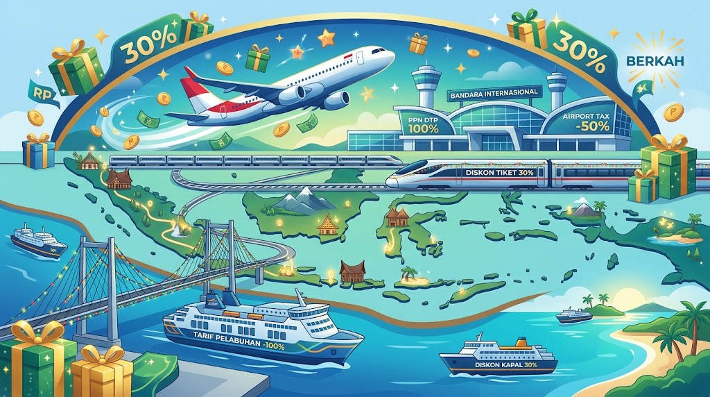 Ilustrasi berbagai moda transportasi publik—pesawat, kereta api, dan kapal laut—yang siap menyokong mobilitas masyarakat pada periode libur Natal 2026 dan Tahun Baru 2027.