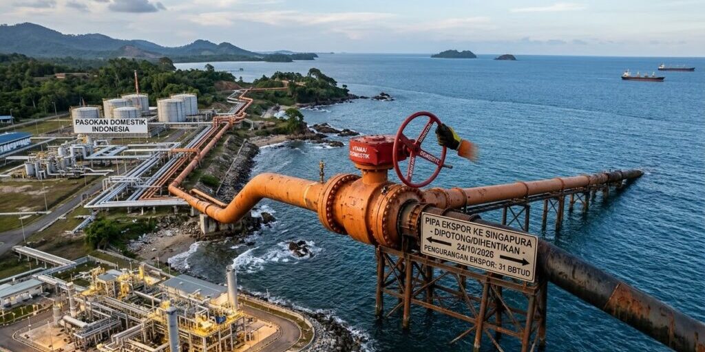 ​Ilustrasi "Infrastruktur jaringan pipa gas bumi lepas pantai yang menyalurkan energi untuk pasar domestik dan ekspor."