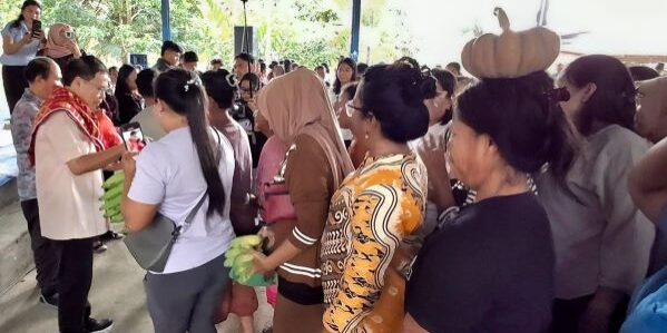 Mengikuti irama musik khas Karo menunggu giliran memberikan hasil kebunnya kepada Sofyan Tan