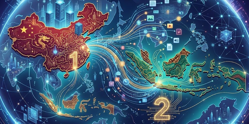 Ilustrasi "Visualisasi posisi Indonesia di peringkat ke-2 dunia dalam penggunaan AI multimodal, tepat di bawah Tiongkok."