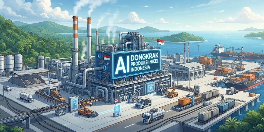 Ilustrasi pabrik pengolahan nikel modern di Indonesia yang memanfaatkan teknologi kecerdasan buatan (AI) untuk mengoptimalkan sistem produksi dan distribusi.