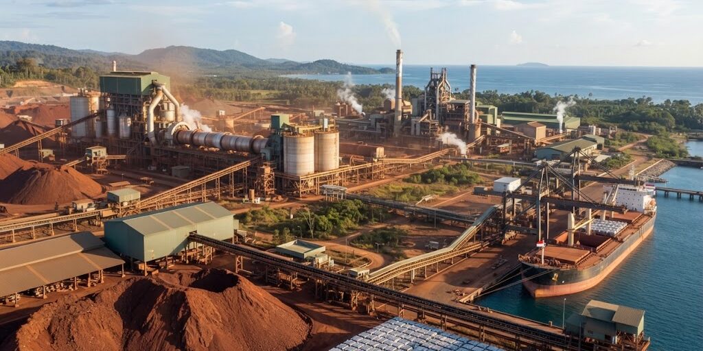 Ilustrasi Kompleks industri terintegrasi di Indonesia, mulai dari penimbunan bauksit merah hingga pabrik pengolahan dan pelabuhan muat aluminium batangan.