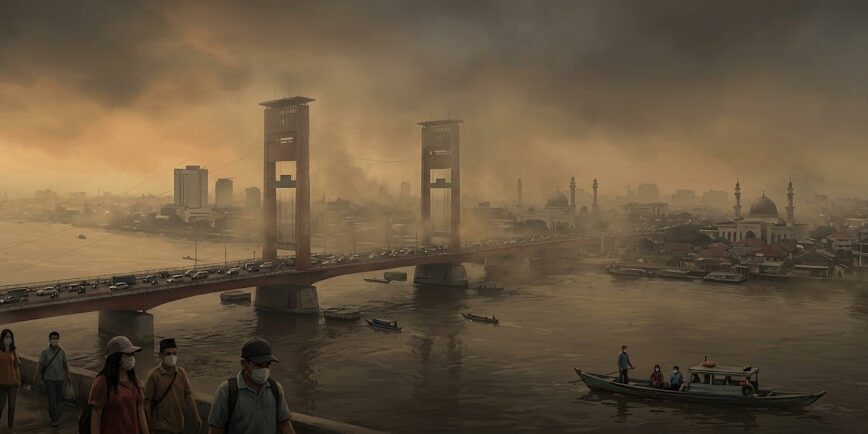 Ilustrasi Pemandangan Jembatan Ampera yang samar akibat tingginya polusi udara dan kadar PM2.5 di Palembang.