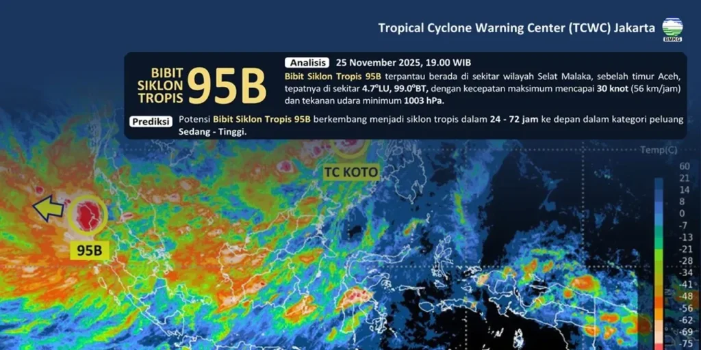 Bibit siklon tropis 95B di timur Aceh terpantau menguat dan berpotensi membawa cuaca ekstrem dalam 24 jam ke depan, masyarakat diimbau waspada/Dok. BMKG

