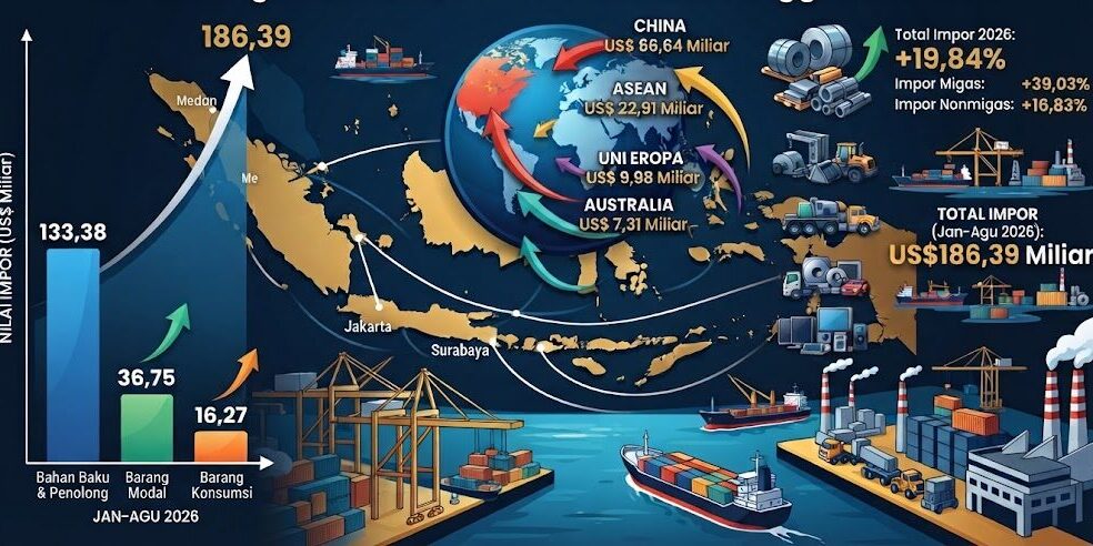 Infografis lonjakan impor Indonesia Jan-Agu 2026 sebesar US$186,39 Miliar, didominasi bahan baku dan penolong.