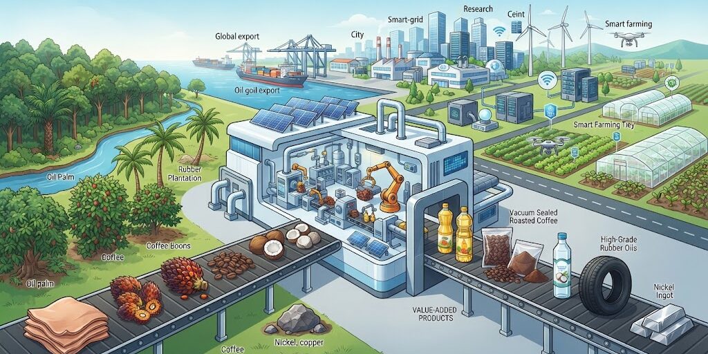 Ilustrasi alur industri hilirisasi, dari ekstraksi komoditas sumber daya alam (kiri) menuju pengolahan bernilai tambah tinggi dengan teknologi (tengah dan kanan).