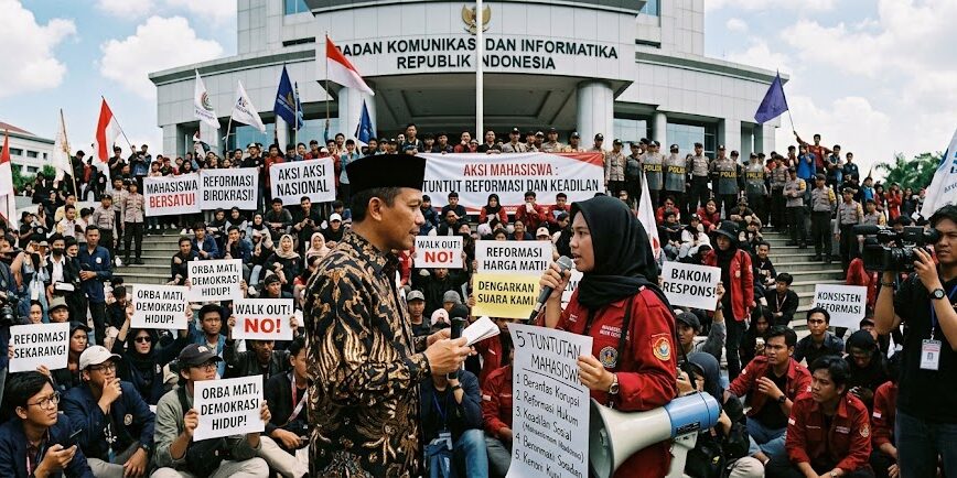 Ilustrasi Perwakilan pemerintah menemui dan mendengarkan langsung tuntutan para mahasiswa di depan gedung pemerintahan.