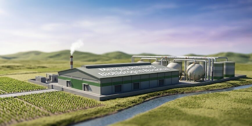 Ilustrasi fasilitas pengolahan biohidrogen dan pemanfaatan biomassa nasional sebagai sumber energi terbarukan