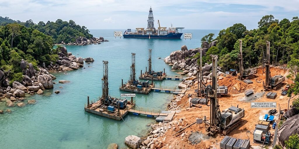 Ilustrasi Aktivitas eksplorasi timah PT Timah Tbk. di darat dan laut Kepulauan Bangka Belitung menggunakan kapal bor dan armada ponton bor.