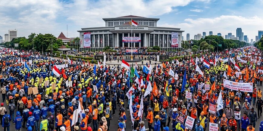 Ilustrasi Aksi massa buruh memenuhi jalan raya di depan gedung pemerintah untuk mengawal tuntutan kenaikan upah minimum tahun 2027.