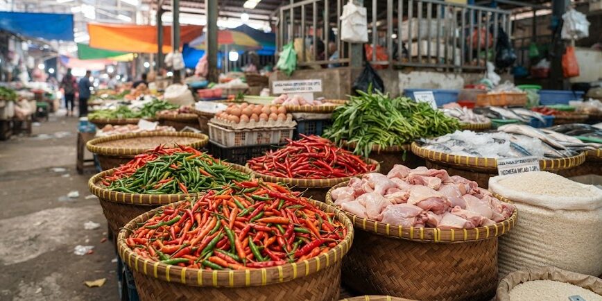 Ilustrasi komoditas pangan pokok seperti cabai, daging ayam, dan beras di pasar tradisional.