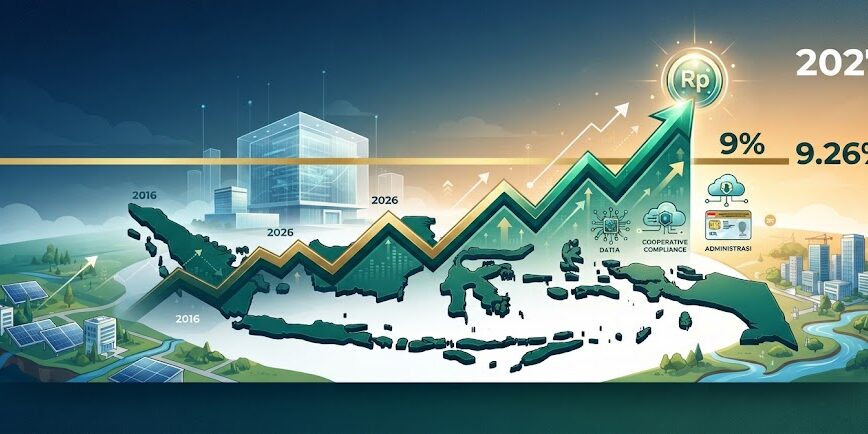 Ilustrasi grafik kenaikan target rasio pajak menuju 9,26% pada tahun 2027 yang didorong oleh transformasi digital dan administrasi perpajakan.