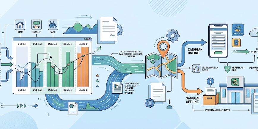 Ilustrasi proses pemutakhiran data desil kesejahteraan dan tata cara sanggah bansos melalui jalur digital maupun layanan daerah.