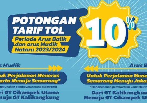 PT Jasa Marga (Persero) Tbk bersama Badan Usaha Jalan Tol (BUJT) memberlakukan potongan tarif sebesar 10 persen untuk Jalan Tol Trans Jawa pada periode libur Natal 2023 dan Tahun Baru 2024. Berikut ini syarat mendapatkan diskon. 


