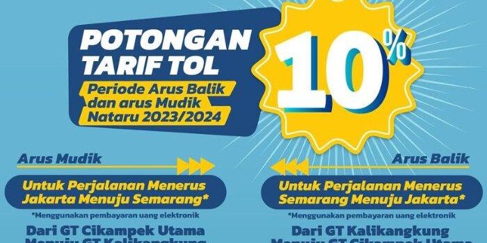 PT Jasa Marga (Persero) Tbk bersama Badan Usaha Jalan Tol (BUJT) memberlakukan potongan tarif sebesar 10 persen untuk Jalan Tol Trans Jawa pada periode libur Natal 2023 dan Tahun Baru 2024. Berikut ini syarat mendapatkan diskon. 


