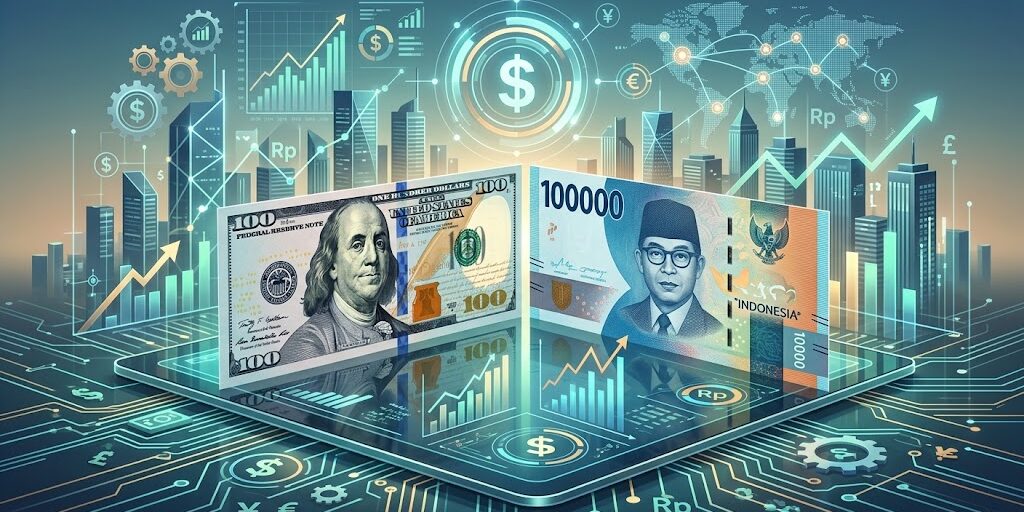 Ilustrasi visualisasi interaksi antara Dolar AS dan Rupiah di tengah pergerakan pasar keuangan global.