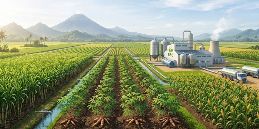 Ilustrasi sentra pertanian bahan baku dan pabrik pengolahan bioetanol untuk kemandirian energi nasional.