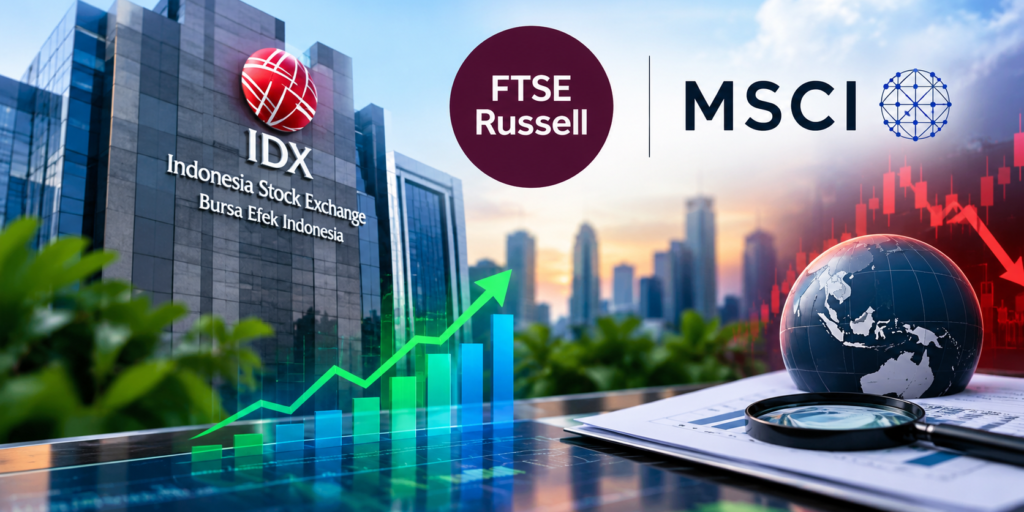 Ilustrasi Gedung BEI dengan ilustrasi pergerakan saham, mencerminkan status pasar modal Indonesia dalam penilaian FTSE Russell dan MSCI.