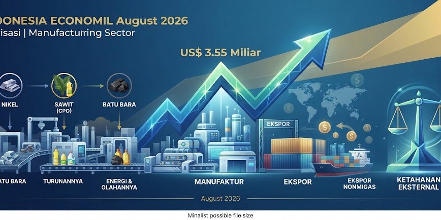 Ilustrasi Infografis ini memvisualisasikan surplus neraca dagang Indonesia sebesar US$ 3,55 miliar pada Agustus 2026.