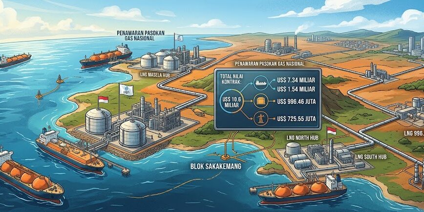 Ilustrasi infrastruktur energi nasional, kapal tanker LNG, dan fasilitas pengolahan gas bumi yang merepresentasikan kontrak pasokan gas jangka panjang.