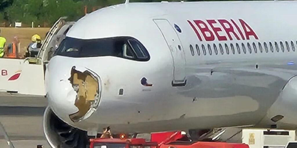 Hidung Pesawat Iberia rusak ditabrak burung
