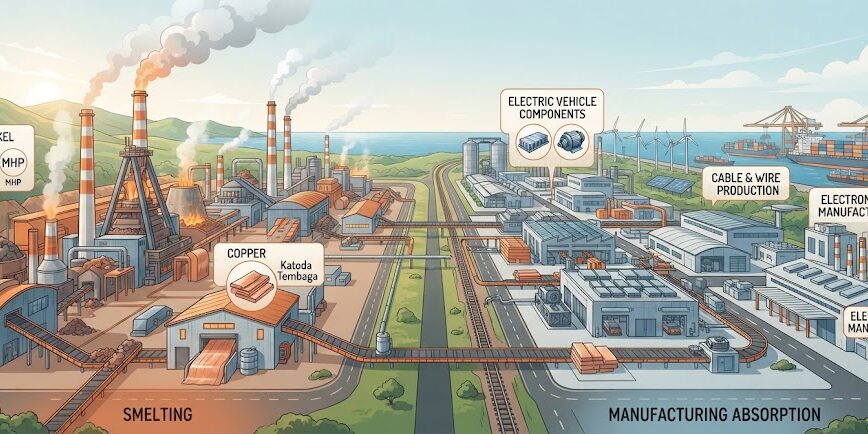 Ilustrasi hilirisasi industri nikel dan tembaga di Indonesia, dari fasilitas peleburan menuju penyerapan manufaktur domestik.