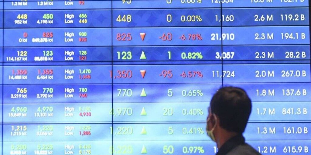 Seorang pengunjung sedang mengamati indeks harga saham di papan elektronik yang ada di Main Hall Gedung Bursa Efek Indonesia.