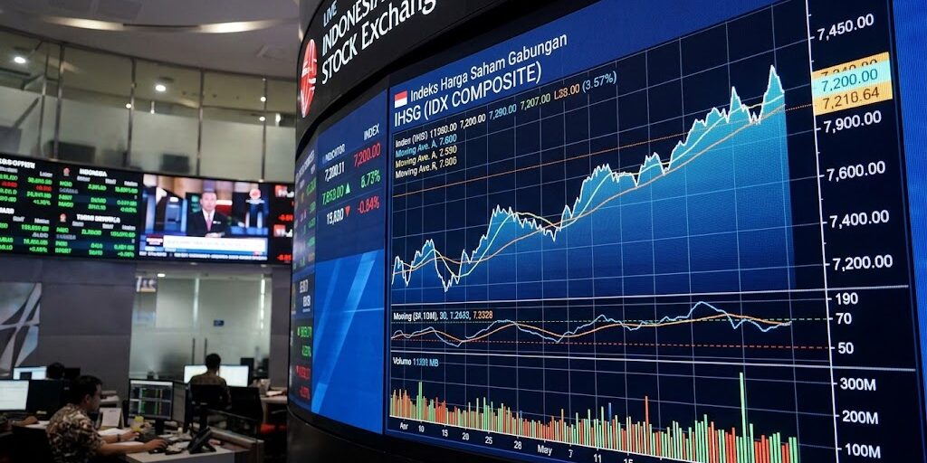 Ilustrasi Sebuah layar digital menampilkan grafik pergerakan Indeks Harga Saham Gabungan (IHSG).