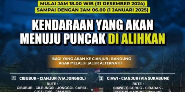 Rekayasa Lalu Lintas Puncak Bogor - Car Free Night saat malam tahun baru, ini rekayasa lalu lintas akan diterapkan di Jalan Raya Puncak, Bogor, Jawa Barat, pada Selasa (31/12/2024). 