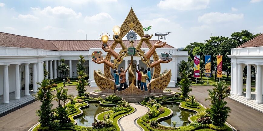 Ilustrasi suasana halaman Istana dengan instalasi seni modern yang melambangkan inovasi, kreativitas, dan persatuan pemuda Indonesia.