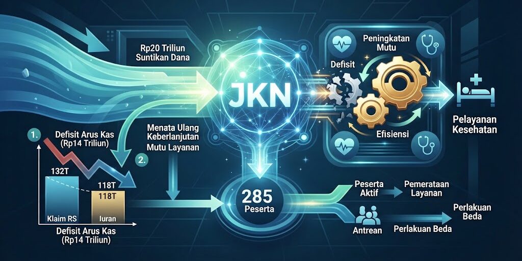 Ilustrasi menggambarkan upaya pemerintah dan BPJS Kesehatan dalam mengelola skala besar ekosistem JKN (285 juta peserta) dengan menyeimbangkan suntikan dana, efisiensi operasional, dan kualitas pelayanan bagi seluruh masyarakat.