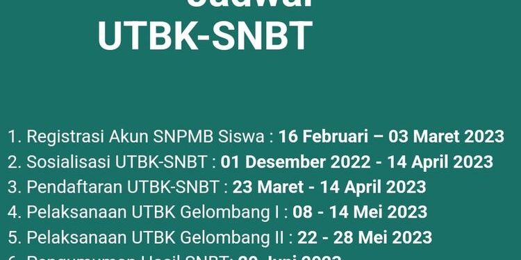 Jadwal UTBK-SNBT 2023. Ini jadwal pelaksanaan UTBK Seleksi Nasional Berdasarkan Tes (SNBT) Gelombang II 2023. UTBK merupakan syarat utama untuk mengikuti Seleksi Nasional Berbasis Tes pada PTN Akademik, PTN Vokasi, dan Perguruan Tinggi Keagamaan Agama Islam Negeri (PTKIN). 


