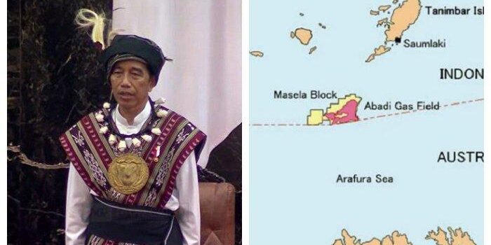 Peta Blok Masela (kiri) dan Jokowi memakai baju adat Tanimbar (kanan). Tanimbar merupakan kepulauan di Maluku yang berada di antara Laut Banda dan Arafura. Baju adat Tanimbar kini dipakai Presiden Jokowi saat pidato kenegaraan, Rabu (16/7/2023) hari ini. 


