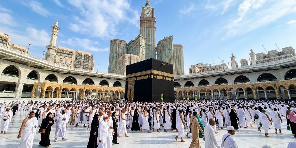 Ilustrasi Suasana di Masjidil Haram dengan Ka'bah dan Makkah Royal Clock Tower sebagai latar belakang.