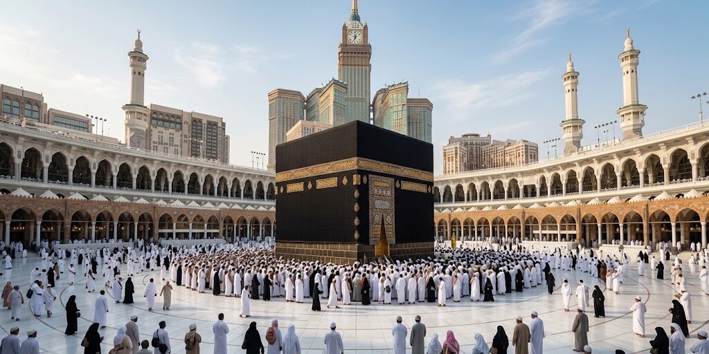 Ilustrasi Ka'bah dan Menara Jam di Masjidil Haram.