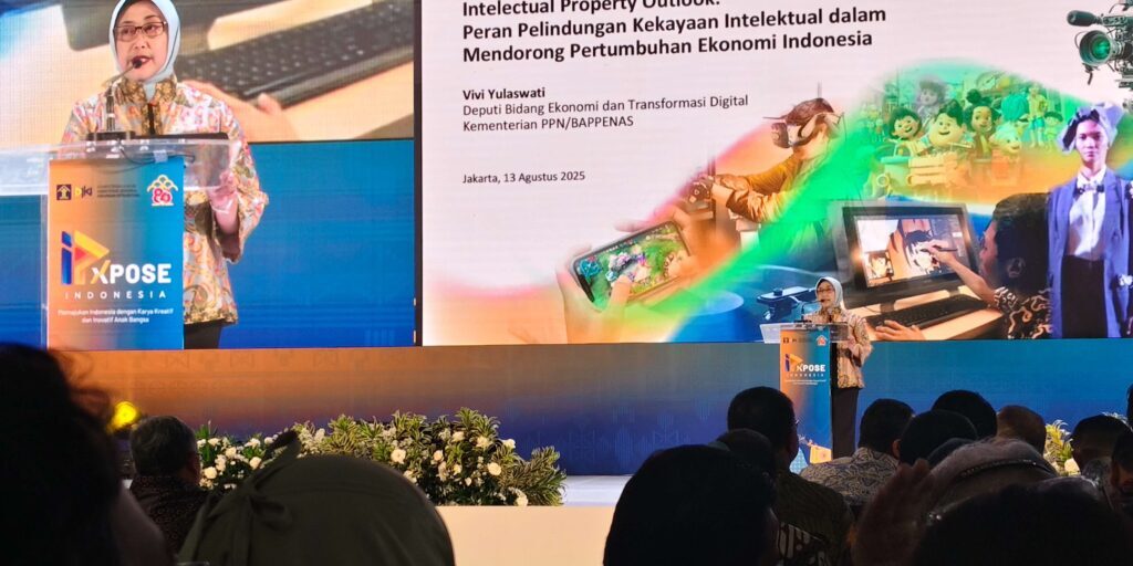 Deputi Bidang Ekonomi dan Transformasi Digital Kementerian PPN/Bappenas, Vivi Yulaswati dalam seminar IPxpose, SMESCO Indonesia, Jakarta Selatan, Rabu (13/8/2025).