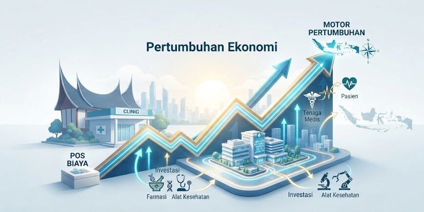 Ilustrasi Infografis transformasi sektor kesehatan Indonesia dari pos biaya menjadi motor pertumbuhan ekonomi.