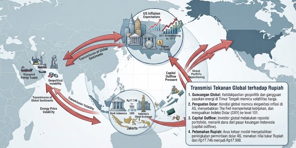 Ilustrasi transmisi tekanan global terhadap nilai tukar Rupiah