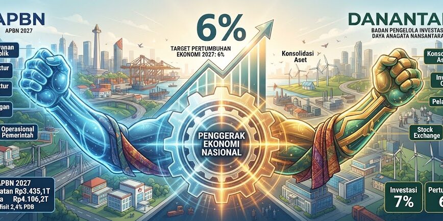 Ilustrasi sinergi "dua lengan" APBN dan Badan Pengelola Investasi Danantara sebagai katalis penggerak perekonomian nasional menuju target pertumbuhan 6%.