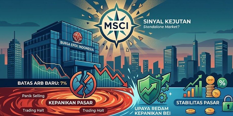 Ilustrasi Infografis BEI meredam kepanikan pasar dengan pangkas ARB 7% usai kejutan sinyal MSCI.